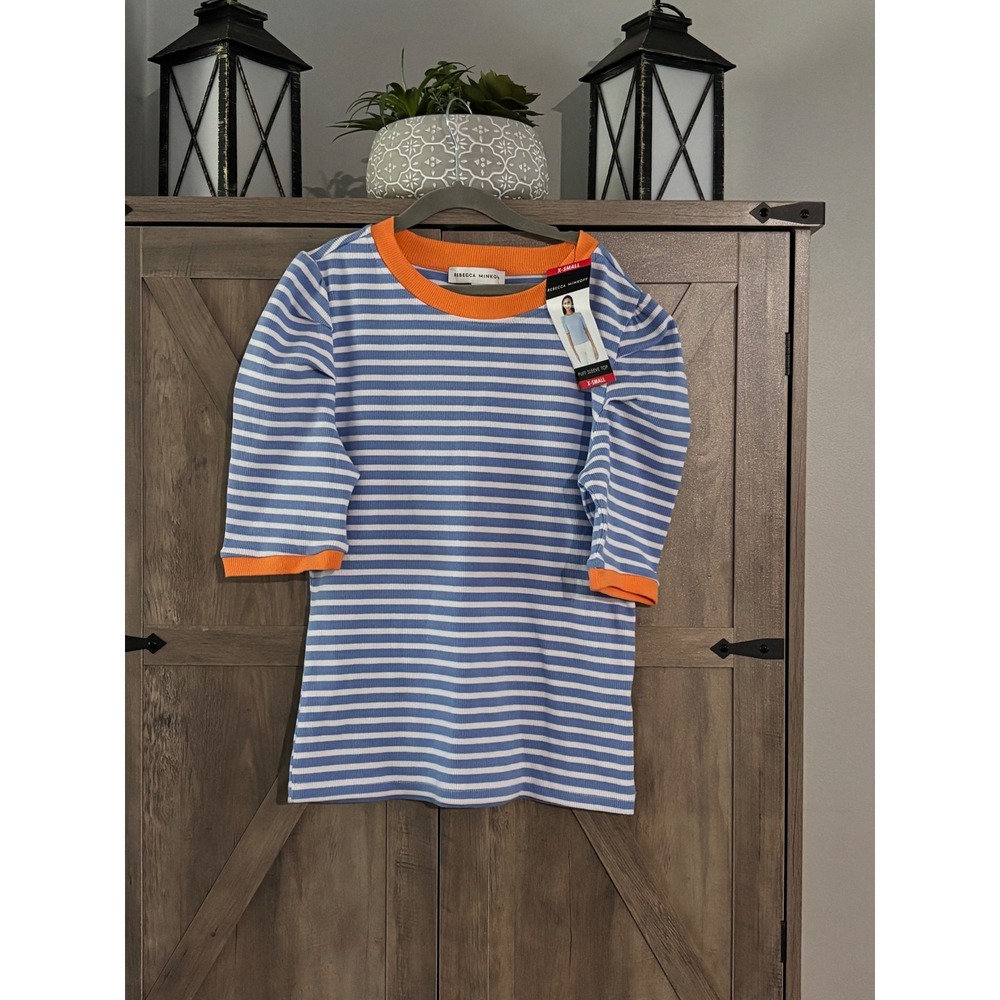 Rebecca Minkoff Blue White Striped Puff Sleeve Top Orange Trim NWT XS